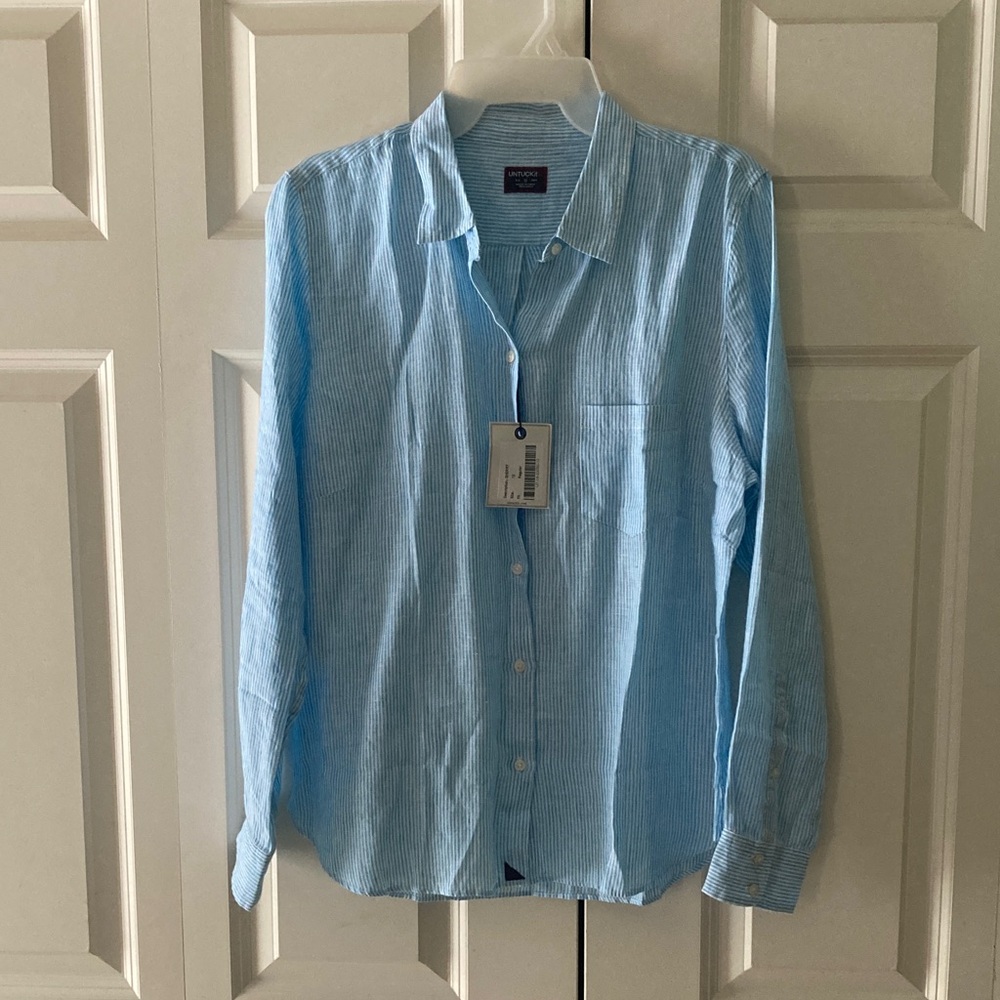 Untuckit Sherry 100% linen button down shirt women’s 12 baby blue & white stripe